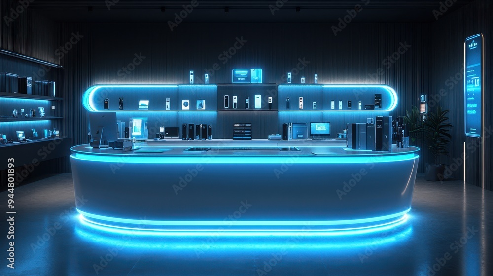 Futuristic Store Interior with Blue Neon Lights and Modern Design Futuristic Store Interior with Blue Neon Lights and Modern Design