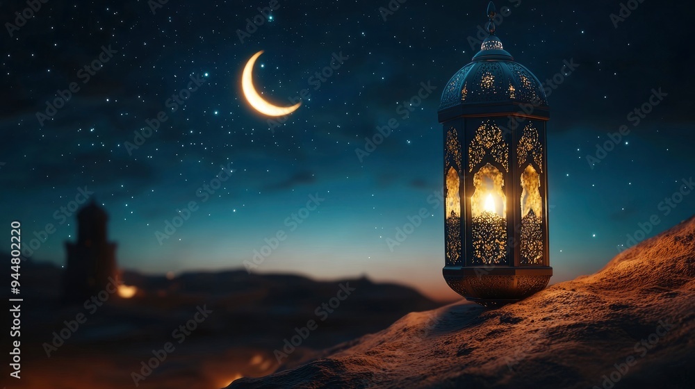Ramadan Kareem - Arabic Lantern At Night In desert With Crescent Moon And Magic Glittering - Eid Ul Fitr with generative ai Ramadan Kareem - Arabic Lantern At Night In desert With Crescent Moon And Magic Glittering - Eid Ul Fitr with generative ai