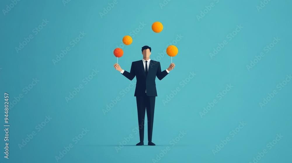 A businessman skillfully juggling colorful balls, symbolizing multitasking and balance in a vibrant blue setting. A businessman skillfully juggling colorful balls, symbolizing multitasking and balance in a vibrant blue setting.