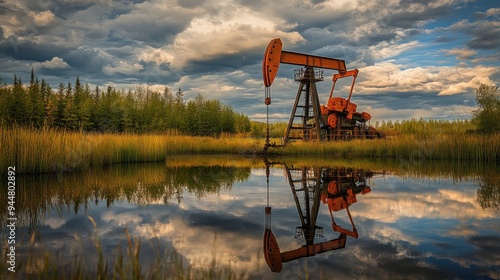 An oil drilling pump jack reflected in a nearby pond, with a cloudy sky above