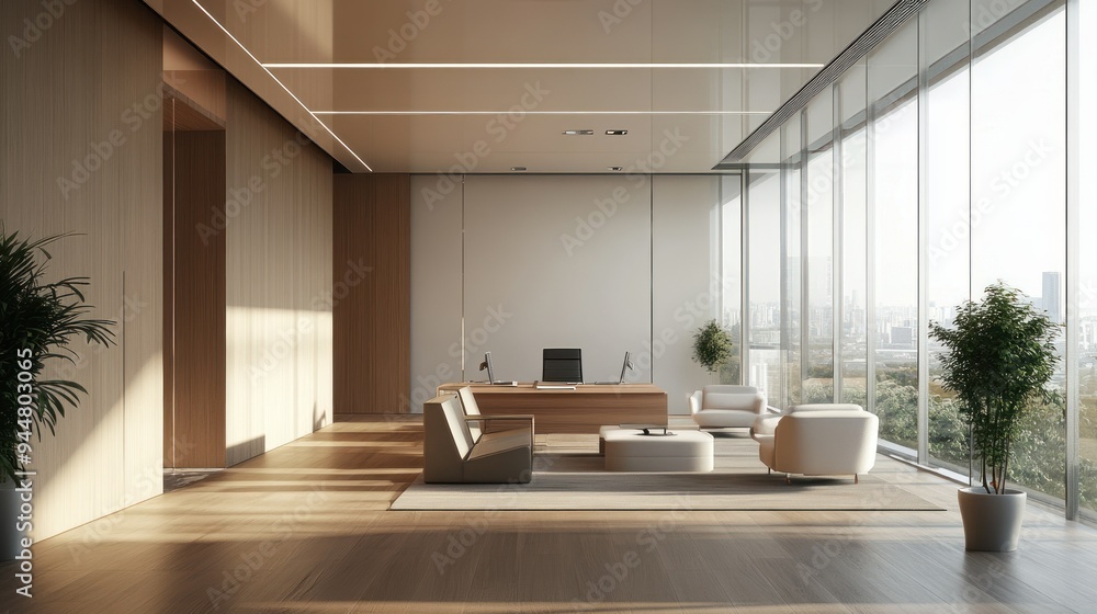 Modern Office Interior with Wooden Walls and City View Modern Office Interior with Wooden Walls and City View