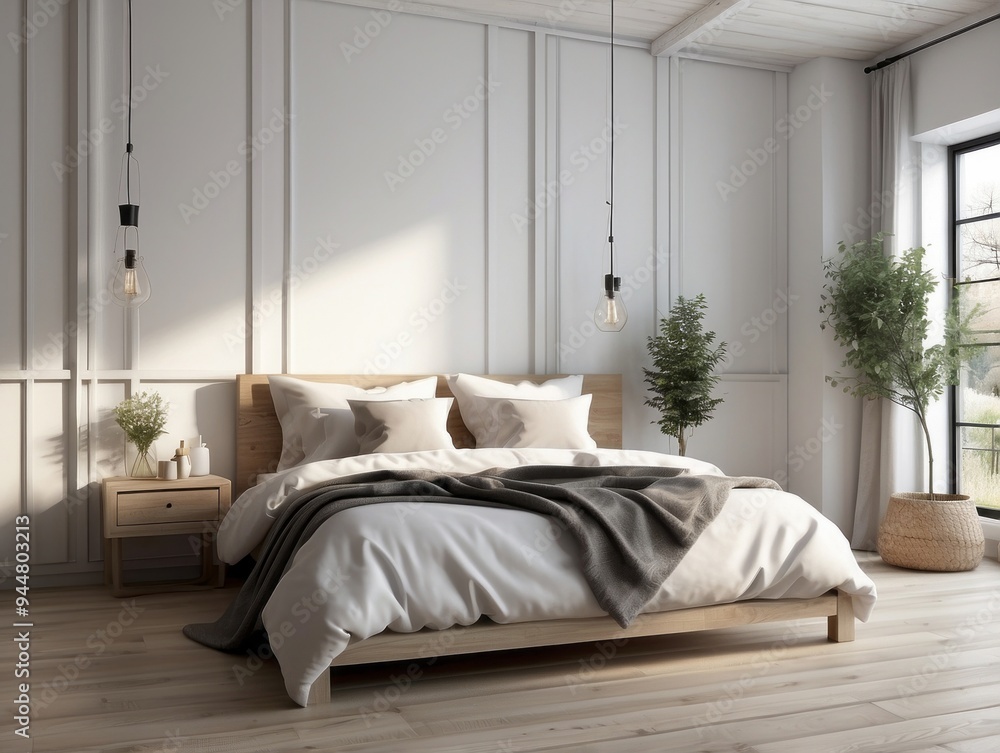 Minimalist Bedroom Interior with Wooden Bed and Natural Light