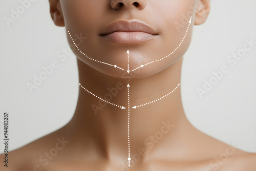 Man with perfect skin after cosmetic treatment with lifting arrows on his face on light background with copy space. Rhytidectomy procedure, facelift surgery, anti age treatment photo