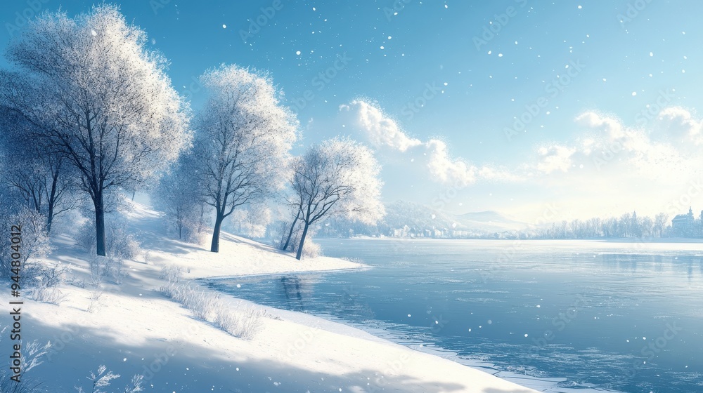 Frozen River Landscape with Snow Covered Trees and Blue Sky Frozen River Landscape with Snow Covered Trees and Blue Sky
