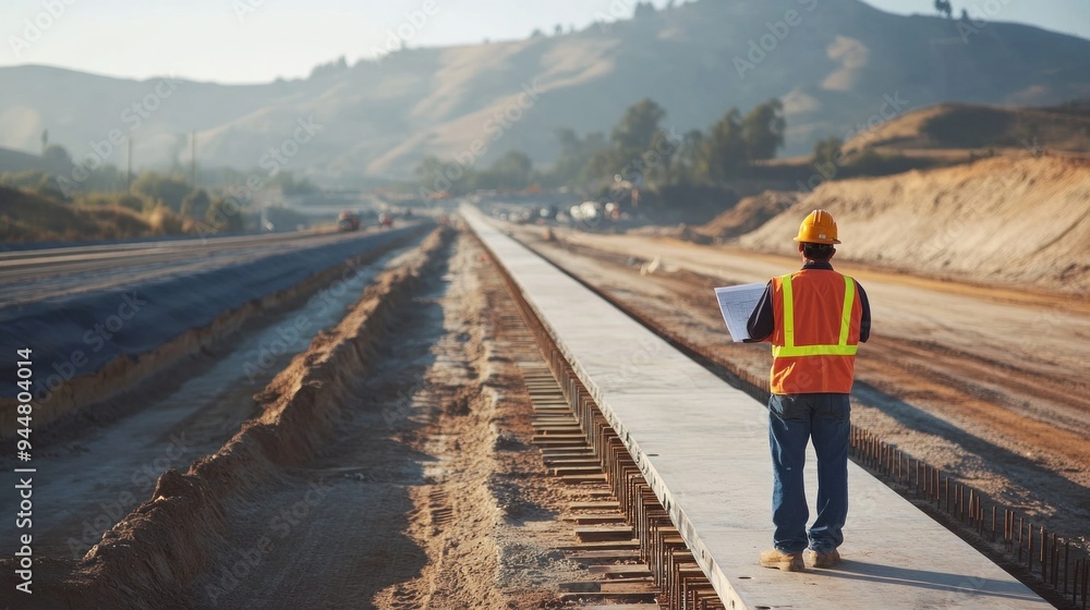 Civil engineer supervising a high-speed rail construction near a major roadway, ensuring quality standards Civil engineer supervising a high-speed rail construction near a major roadway, ensuring quality standards