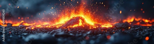 A close-up view of a volcanic eruption with molten lava flowing and sparks flying into the air. photo