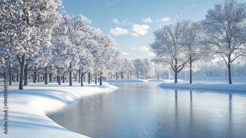 Snow Covered Trees and Frozen River in Winter Landscape