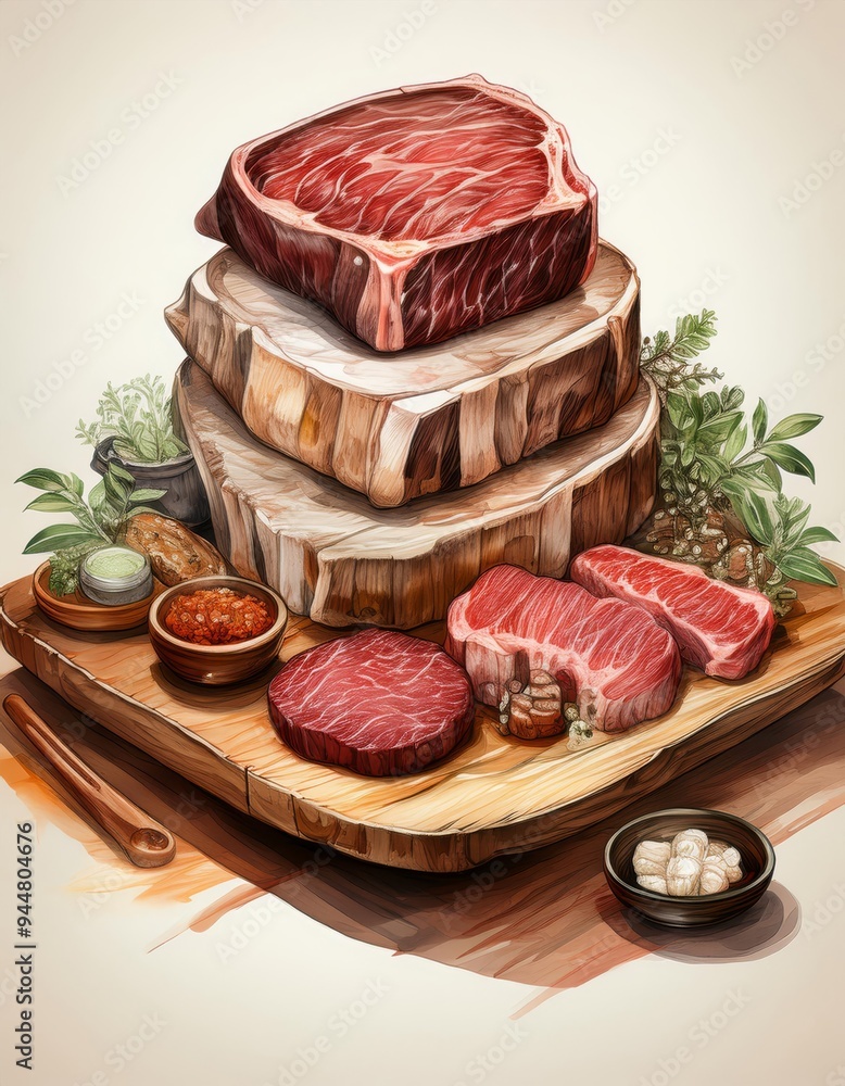 Illustration of raw beef steak with spices and herbs on wooden board Illustration of raw beef steak with spices and herbs on wooden board