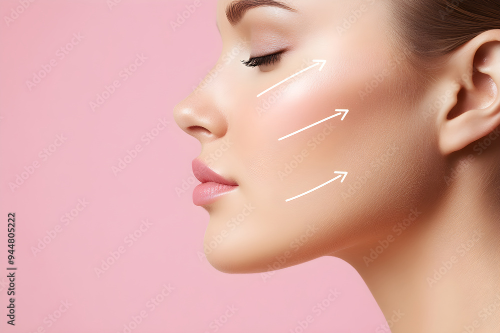 Woman with perfect skin after cosmetic treatment with lifting arrows on her face on light pink background with copy space. Rhytidectomy procedure, facelift surgery, anti age treatment Woman with perfect skin after cosmetic treatment with lifting arrows on her face on light pink background with copy space. Rhytidectomy procedure, facelift surgery, anti age treatment