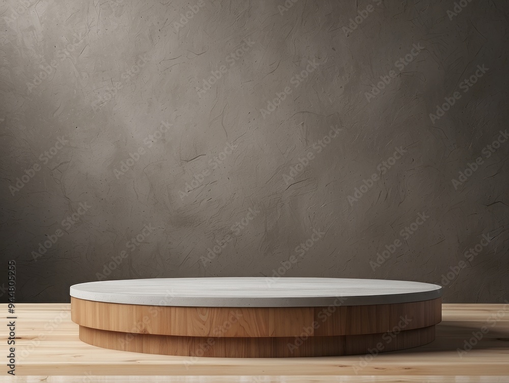 Wooden and Stone Round Platform on a Wooden Floor Against a Gray Wall Wooden and Stone Round Platform on a Wooden Floor Against a Gray Wall