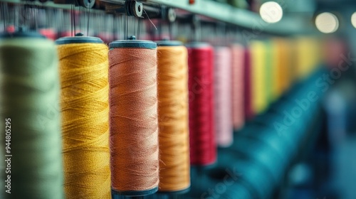 Close-up of threads winding onto spools during the weaving process in a textile factory photo