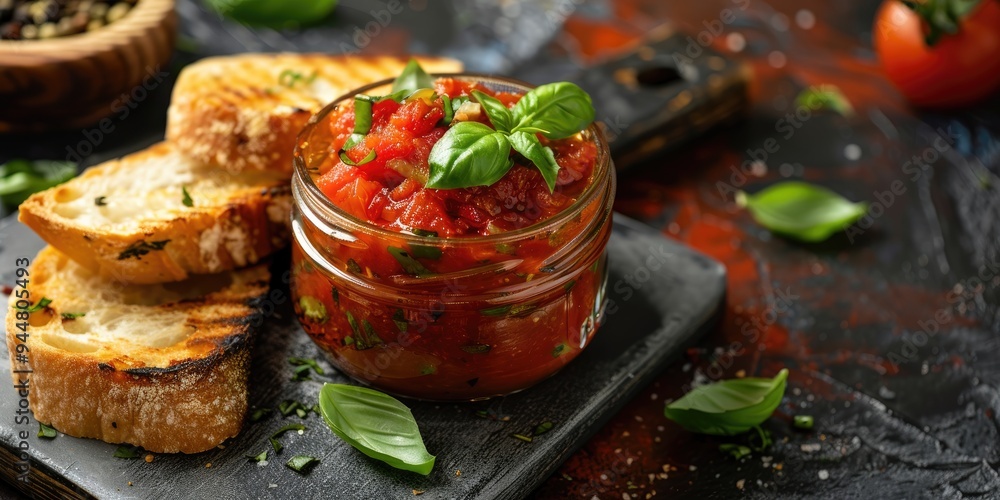 Lutenica sauce made from grilled red peppers in a glass jar, served with toasted bread. Lutenica sauce made from grilled red peppers in a glass jar, served with toasted bread.