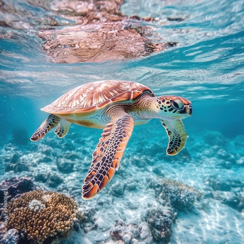 Close-up photo of a sea turtle under clear water, beautiful coral reef