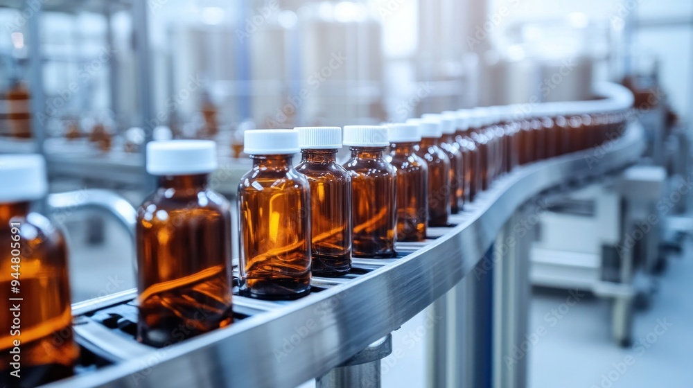 Glass bottles filled with medicine neatly aligned on a conveyor belt in a production facility Glass bottles filled with medicine neatly aligned on a conveyor belt in a production facility