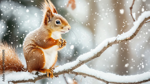 Closeup of a squirrel sitting on a branch in winter forest