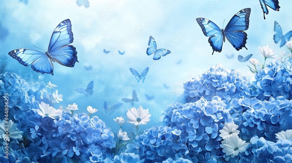 Blue Butterfly and Hydrangeas Blue Butterfly and Hydrangeas