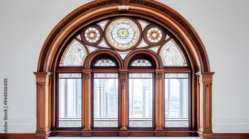 68. **A traditional arched window with elaborate woodwork and stained glass, displayed on a pristine white background. 68. **A traditional arched window with elaborate woodwork and stained glass, displayed on a pristine white background.