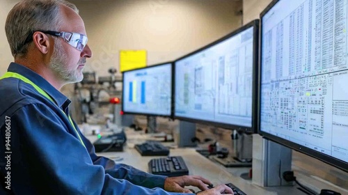 Engineers reviewing blueprints and monitoring systems in a wastewater treatment control room