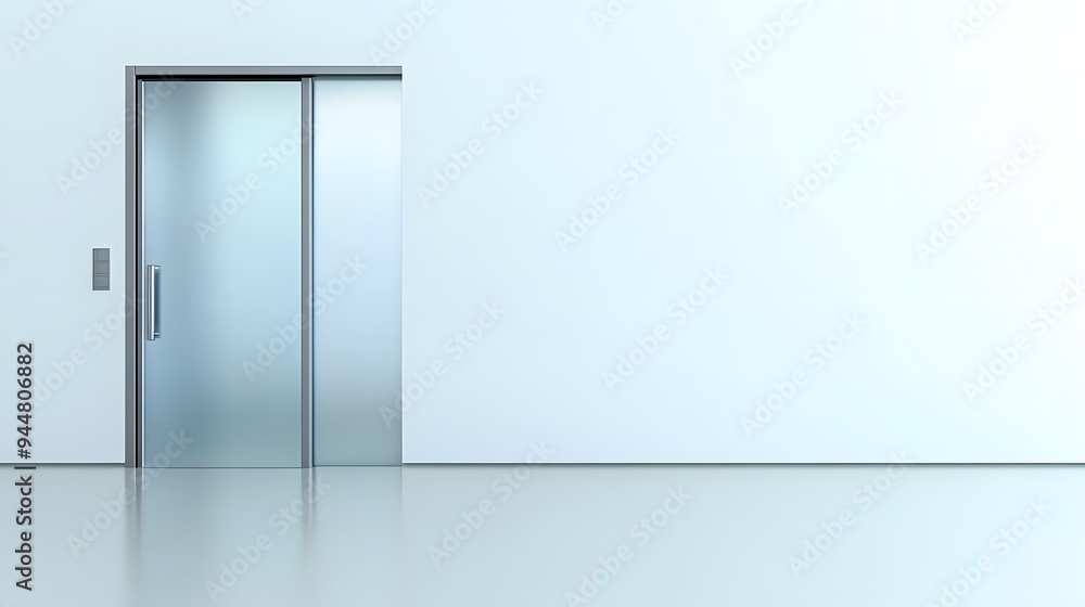 Obraz premium 69. **A minimalist sliding door with a frosted glass panel and narrow metallic frame, rendered on a pristine white background.