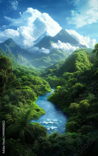 Lush green jungle with a serene river flowing through, set against majestic mountains and a dramatic, cloudy sky. photo