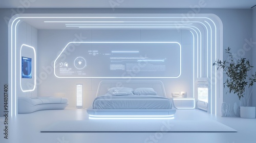 Futuristic Bedroom Interior Design with White Bed and Neon Lights