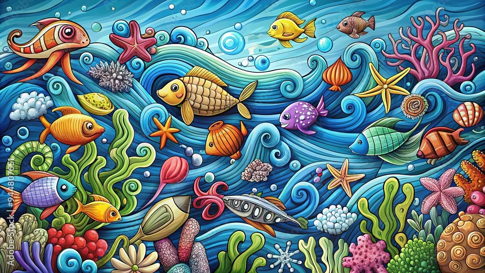 Naklejka premium Whimsical hand-drawn doodles of sea creatures, waves, and coral reefs in bright colors, scattered across a calming blue ocean background with subtle texture and depth.