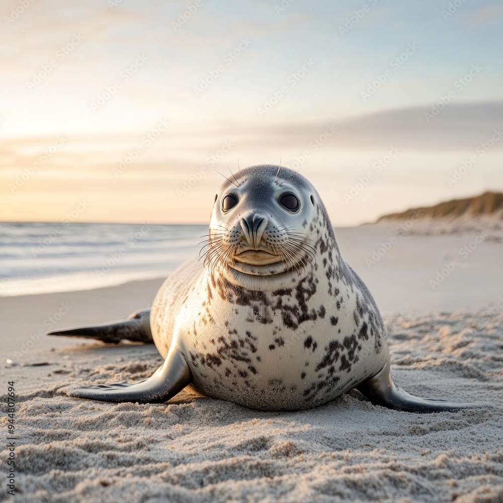 Fototapeta premium A little grey seal is sunbathing on the beach by the sea, enjoying the sunshine.