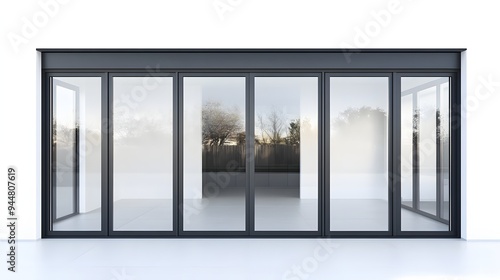 70. **A modern casement window with a dark aluminum frame and large glass panels, isolated on a pristine white background.