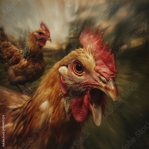 First chicken face portrait, second chicken blurred, chicken farm background photo