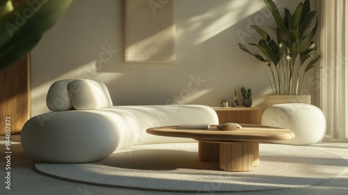 Minimalist Living Room with White Sofa and Wooden Coffee Table