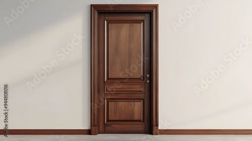 71. **A classic wooden door with raised panels and a polished finish, set against a pristine white background.