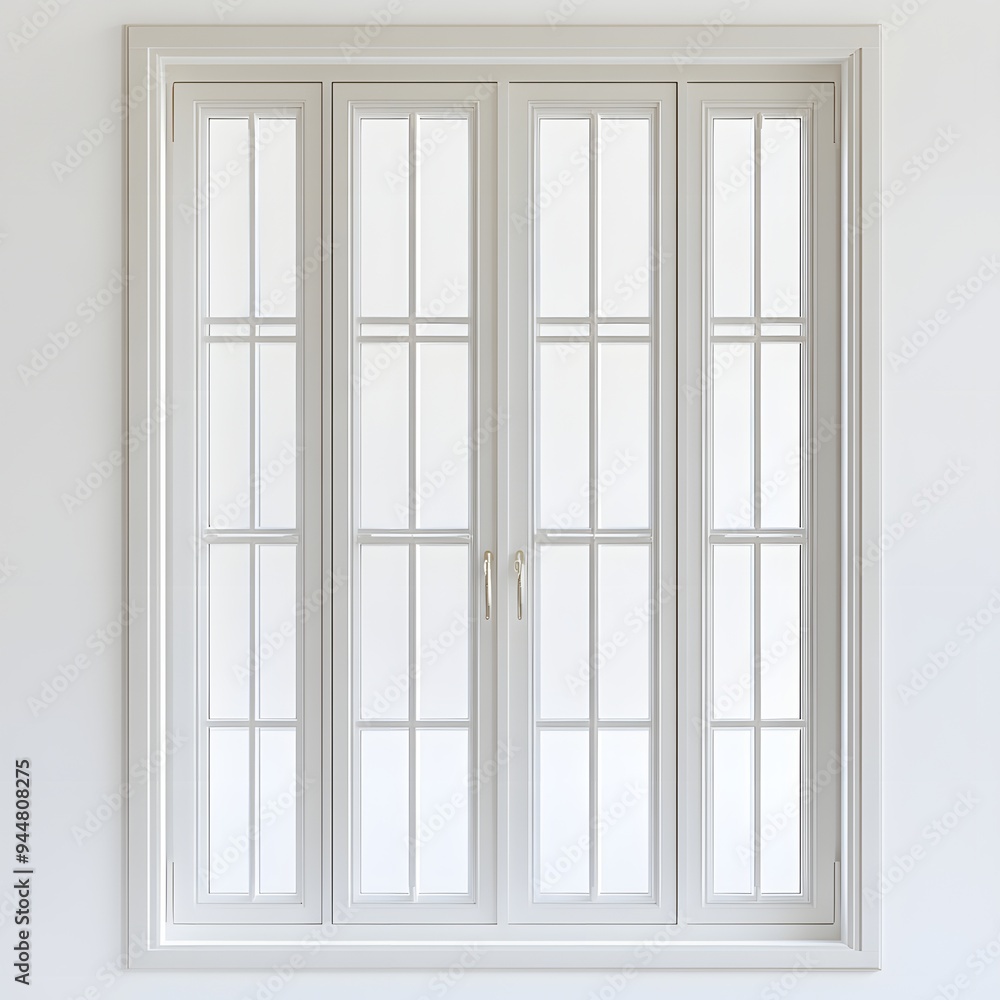 72. **A contemporary French window with multiple glass panes and a white frame, displayed on a pristine white background. 72. **A contemporary French window with multiple glass panes and a white frame, displayed on a pristine white background.