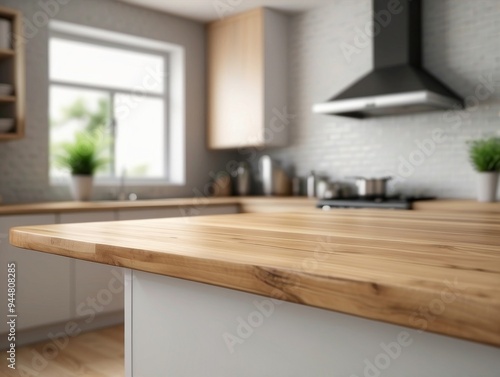 Close-up of a Light Wood Kitchen Countertop with a Blurred Background