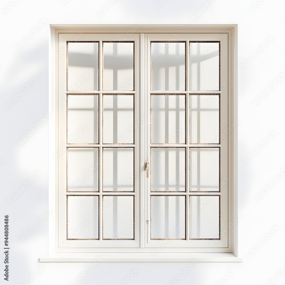 72. **A contemporary French window with multiple glass panes and a white frame, displayed on a pristine white background. 72. **A contemporary French window with multiple glass panes and a white frame, displayed on a pristine white background.