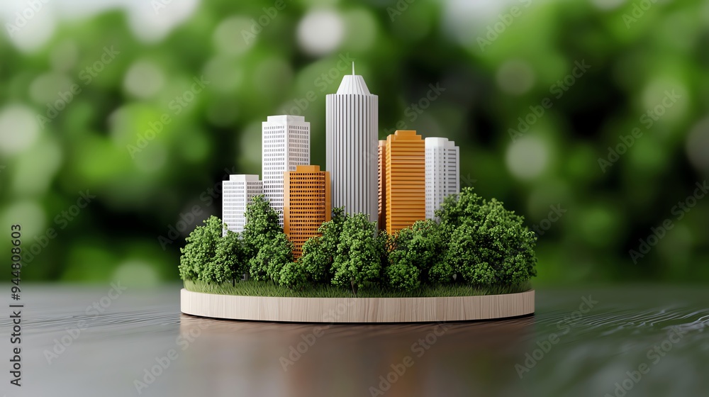 Miniature cityscape model with skyscrapers and lush green trees on a wooden base, representing urban development and environmental balance. Miniature cityscape model with skyscrapers and lush green trees on a wooden base, representing urban development and environmental balance.