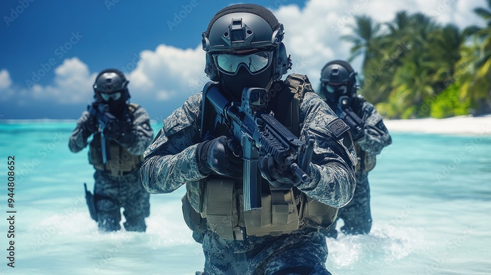 A simulation of a Special Forces soldier wading through seawater in an action scene from the movie. A simulation of a Special Forces soldier wading through seawater in an action scene from the movie.