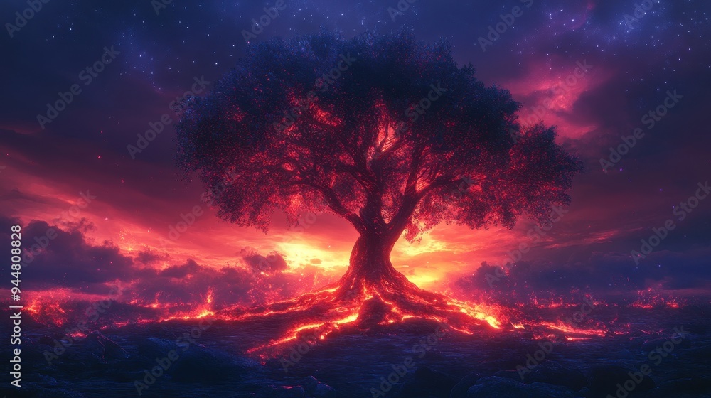 Burning Tree Dramatic Sunset Red Lava Night Sky Stars Fantasy Landscape Burning Tree Dramatic Sunset Red Lava Night Sky Stars Fantasy Landscape