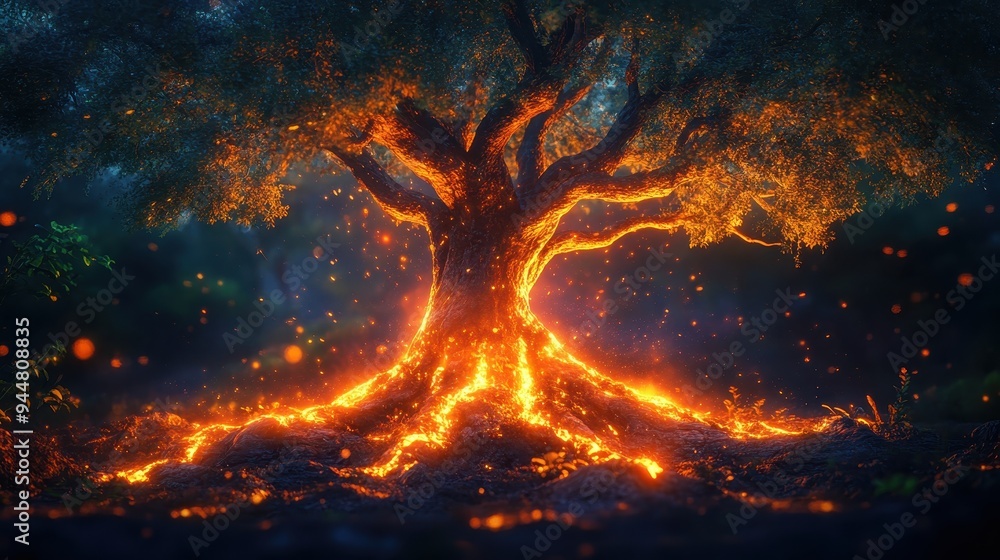 Burning Tree Roots with Sparks and Flames in Dark Forest Burning Tree Roots with Sparks and Flames in Dark Forest