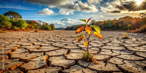 Withering Amazonian Drought: Scorched vegetation, cracked earth, wilting leaves, parched landscape, ecological crisis photo