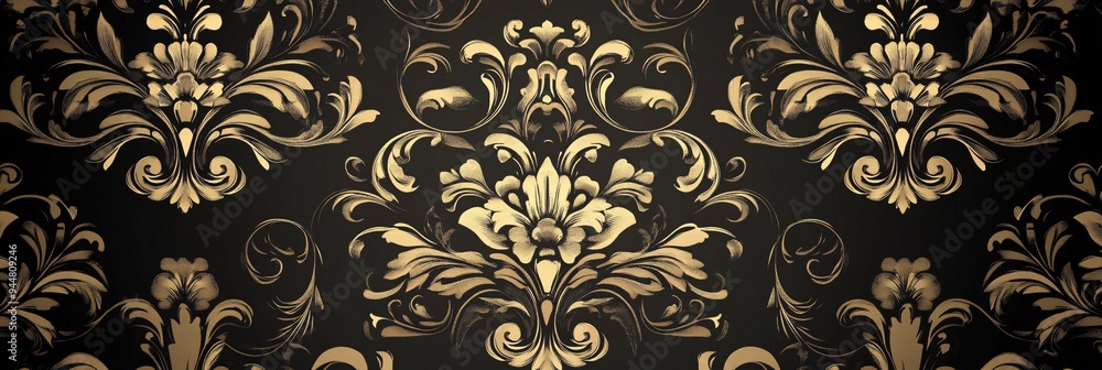 Elegant gold floral damask pattern on a dark background. Elegant gold floral damask pattern on a dark background.