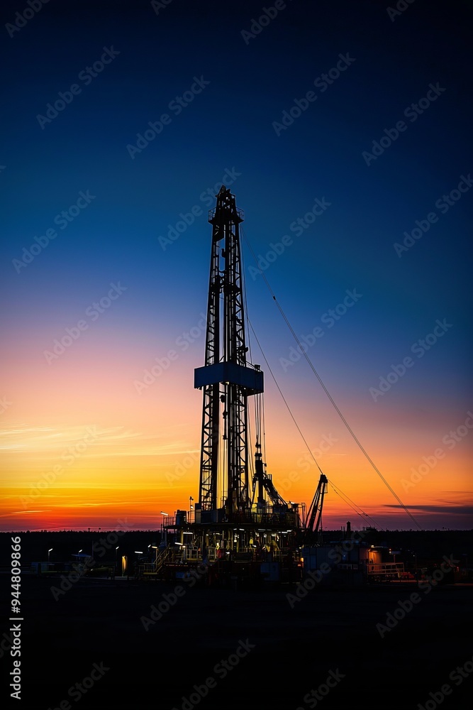 A drilling rig silhouetted against the dawn sky, with the first light of day breaking over the horizon. The rig stands tall A drilling rig silhouetted against the dawn sky, with the first light of day breaking over the horizon. The rig stands tall