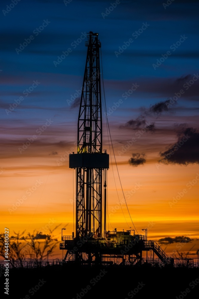 A drilling rig silhouetted against the dawn sky, with the first light of day breaking over the horizon. The rig stands tall A drilling rig silhouetted against the dawn sky, with the first light of day breaking over the horizon. The rig stands tall