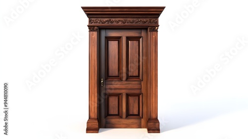 54. **A classic wooden door with elegant carving and a rich wood stain, isolated on a pristine white background.