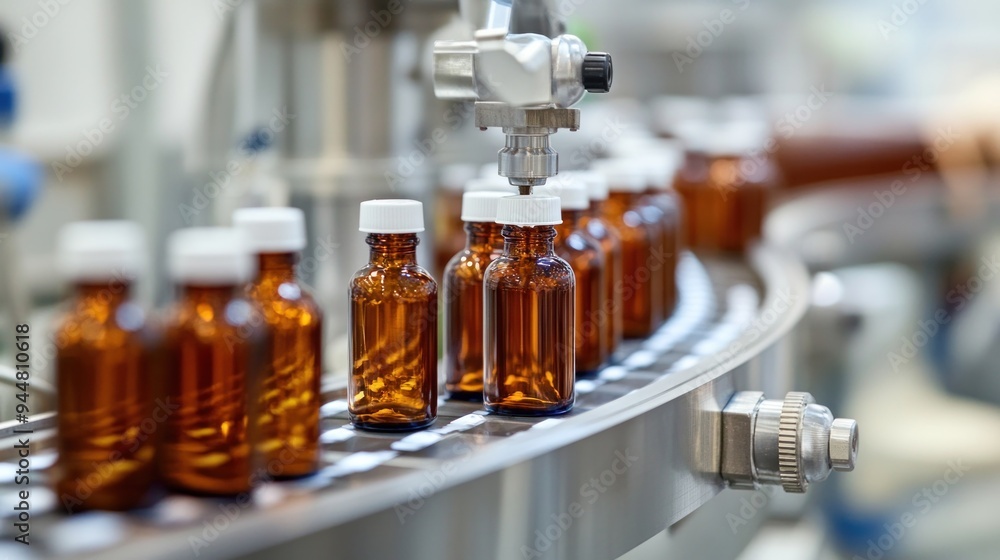 Medicine production line with glass bottles being inspected on a conveyor belt Medicine production line with glass bottles being inspected on a conveyor belt