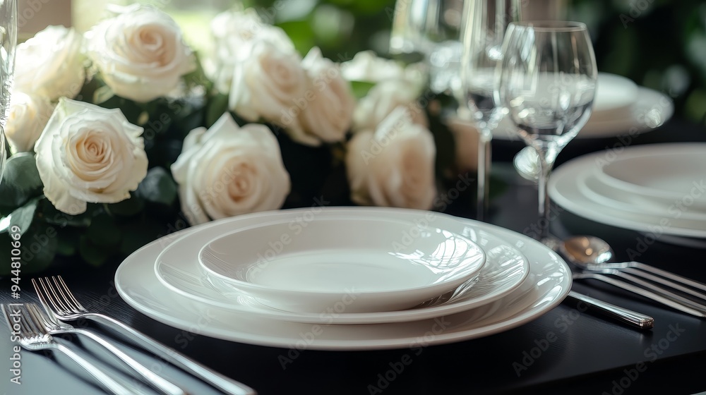 Exquisite table arrangement in a luxurious restaurant, with white plates, knives, and forks placed on a black tabletop, paired with elegant white roses, creating a sophisticated dining atmosphere Exquisite table arrangement in a luxurious restaurant, with white plates, knives, and forks placed on a black tabletop, paired with elegant white roses, creating a sophisticated dining atmosphere