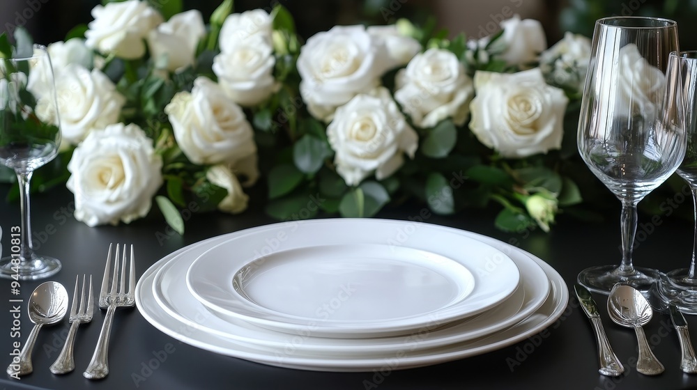 Exquisite table arrangement in a luxurious restaurant, with white plates, knives, and forks placed on a black tabletop, paired with elegant white roses, creating a sophisticated dining atmosphere Exquisite table arrangement in a luxurious restaurant, with white plates, knives, and forks placed on a black tabletop, paired with elegant white roses, creating a sophisticated dining atmosphere