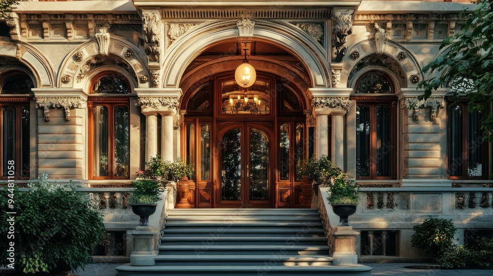 Ornate Entrance with Double Doors and Stone Steps Ornate Entrance with Double Doors and Stone Steps