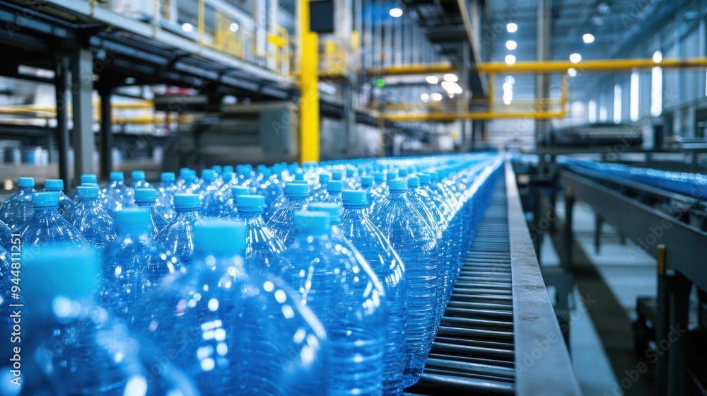 Naklejka premium PET bottles in a high-tech plastic processing plant, smoothly moving through the conveyor line during production