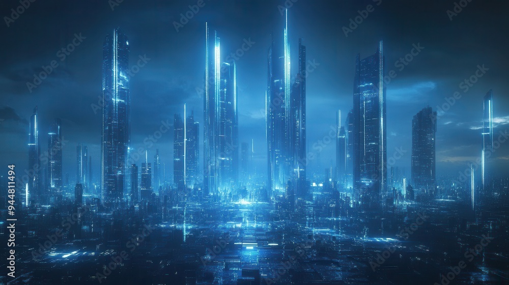 Obraz premium Futuristic Cityscape at Night with Glowing Towers