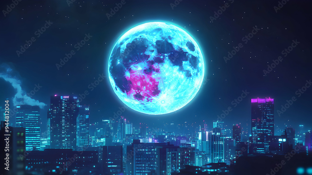 A neon-lit depiction of a clear transparent full moon, glowing brightly in a dark urban sky A neon-lit depiction of a clear transparent full moon, glowing brightly in a dark urban sky